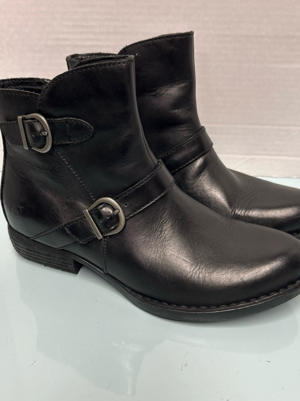 Born Black Leather Double-Buckle Ankle Booties